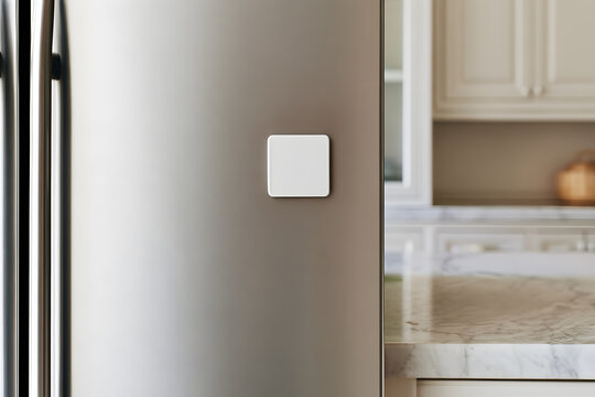 Blank white square fridge magnet mockup on stainless steel refrigerator door. Empty magnetic frame attached to metal kitchen appliance. Minimalist home interior with modern fridge and marble counterto