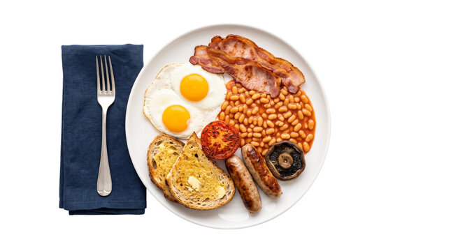 Traditional English breakfast with fried eggs and bacon, full British fry-up on white plate, morning meal with sausages and baked beans isolated PNG with Transparent Background