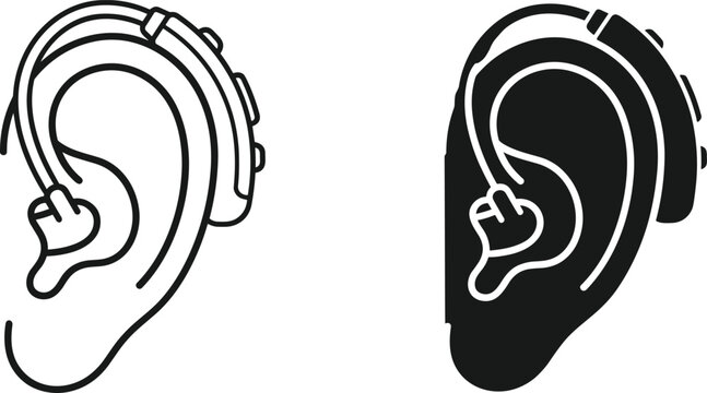 Hearing aid icon set, behind the ear device for hearing loss, medical equipment for deaf people, vector illustration