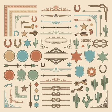 A collection of vintage western themed decorative design elements