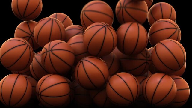 Basket balls fall and fill the screen, creating a lively display of sports equipment in motion, 3d render
