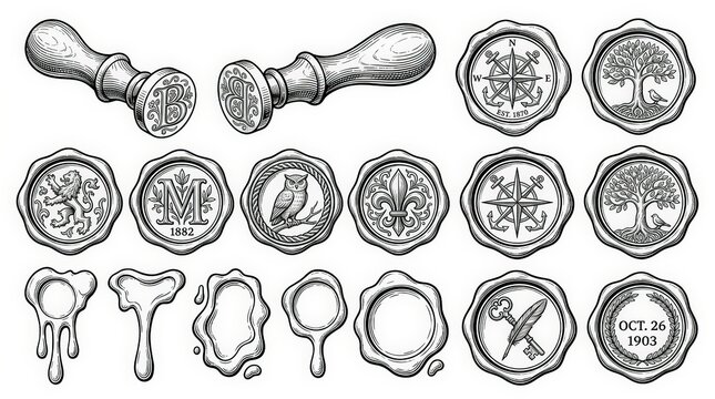 Vintage Wax Seal Stamp Set with Wooden Handles and Embossed Heraldic Emblems, Hand Drawn Engraving Style Black and White Vector Illustration
