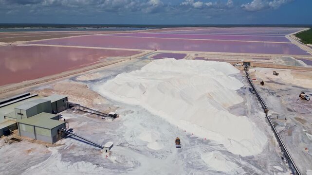 Pink salt flats at an industrial mine for salt production