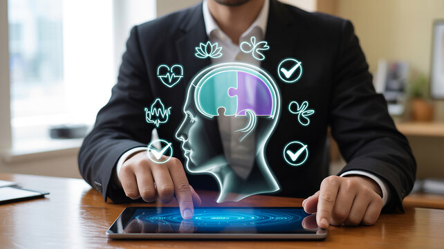 Man touching tablet displaying a holographic human head with puzzle pieces and wellness icons hologram