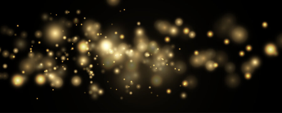Bokeh lighting effect background. Christmas glitter dust background. Christmas glowing confetti and sparkle coating. Abstract Golden Light Streaks With Shimmering Bokeh