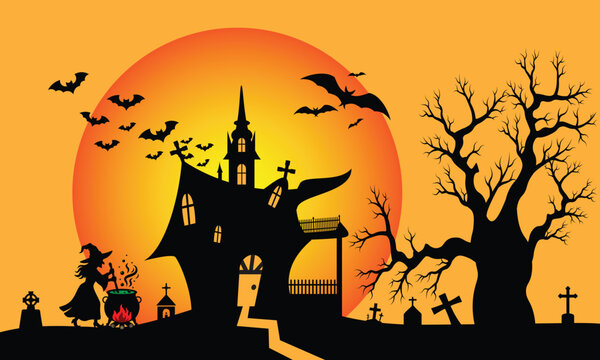 Happy Halloween banner background with witch cooking cauldron haunted castle full moon and bats vector illustration
