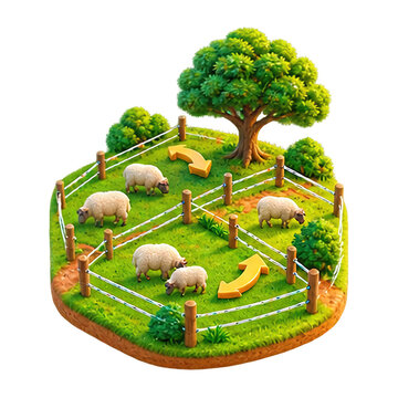 Isometric 3D illustration of a small sheep farm with grazing animals in a fenced green pasture