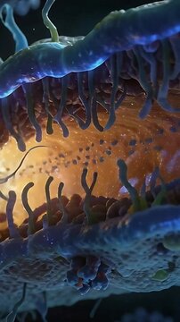 Vertical video: Approaching from left, rod docking into lit pore at membrane gap