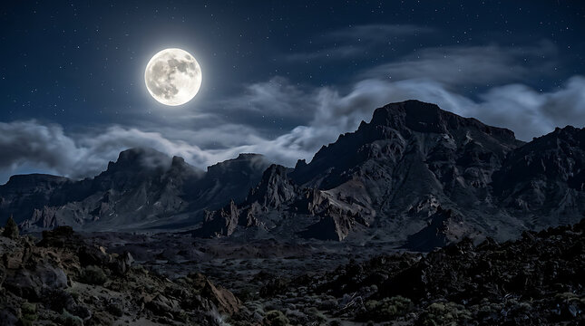 Majestic Moonlight Over Mountainous Terrain.