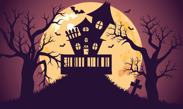 Happy Halloween banner background with haunted house full moon spooky trees and bats vector illustration