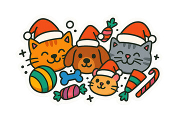 Fototapeta premium Christmas pets celebrating with festive hats and decorations, isolated