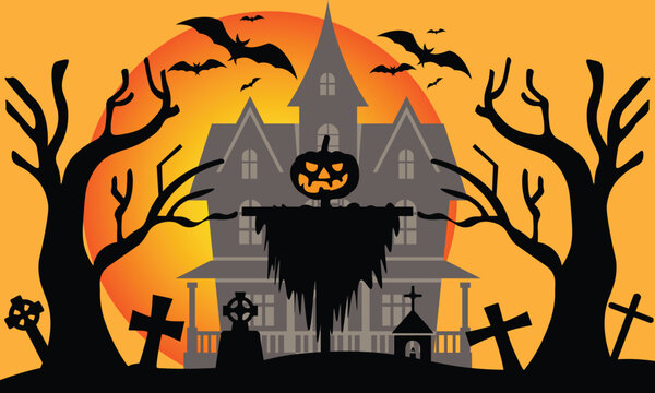 Happy Halloween banner background with pumpkin scarecrow haunted castle full moon and bats vector illustration