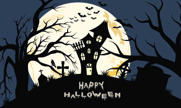 Happy Halloween banner background with haunted house full moon spooky trees graveyard and bats vector illustration