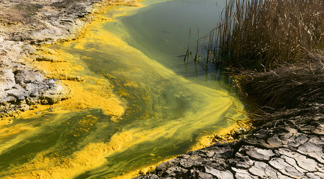 A muddy river with vivid yellow and green swirls. Cracked, dry earth lines the polluted water. Dead reeds jut out along the bank. This serene natural scene mirrors environmental challenges.