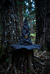 Fototapeta premium Halloween magic and fantasy folklore, black witch hat resting on a tree stump in a dark forest for seasonal celebration and mystical storytelling