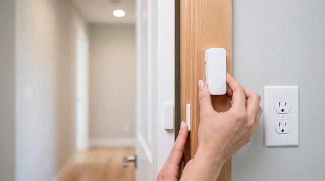 Close up of person installing wireless smart door sensor on wooden frame showcasing home security system setup and smart home automation technology