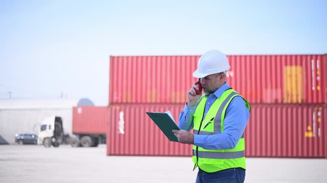 Engineers wearing safety helmets and high visibility clothing discussing logistics and inspecting shipping terminal representing container management freight.