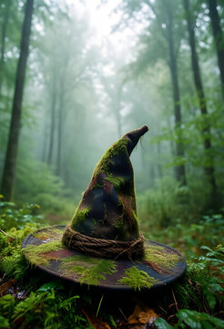 Fantasy and magic concept, old witch hat covered in moss resting on forest floor in misty woodland environment for mystical storytelling and folklore