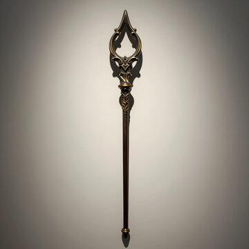 Fantasy magic staff, mystical power and ancient sorcery concept, ornate bronze scepter with intricate metal craftsmanship isolated on a plain wall background