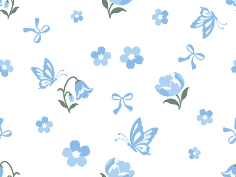 Cute seamless blue floral and butterfly pattern featuring delicate hand drawn flowers, fluttering butterflies, ribbon bows and green leaves on a white background in soft pastel flat vector style.