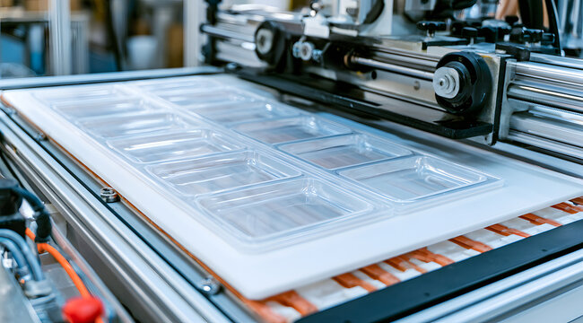 The vacuum forming machine produces plastic containers. Industrial equipment molds sheet materials into trays for large-scale production. The manufacturing process applies heat and molds to create pac