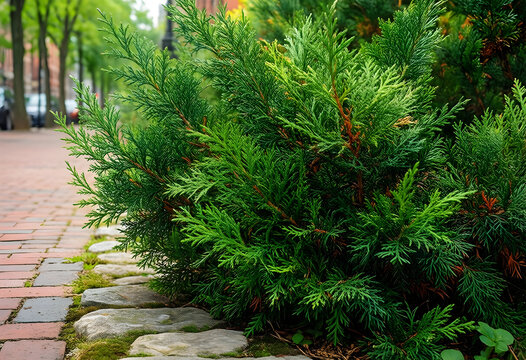 Urban landscaping and sustainable city living, evergreen juniper shrub growing along a brick sidewalk in a residential neighborhood during the spring