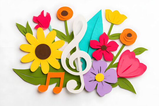 Sheet flower designs and musical symbols evoke a spring ambiance. Vivid blooms and foliage intertwine with treble clefs and eighth notes. A joyful, imaginative layout.