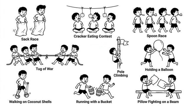 Collection of Traditional Indonesian Independence Day Games Illustration Set for Children's Activities and Cultural Events