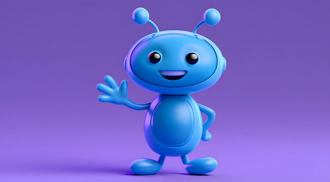 A cute blue alien character with a friendly smile waves its hand. This adorable 3D cartoon figure greets viewers on a purple background. Perfect for a kids' app or game design concept. Small, lovable 