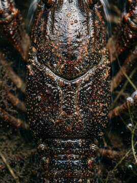 Extreme close-up of the textured exoskeleton of a wild crayfish partially submerged in muddy water