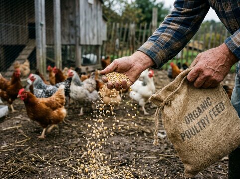 Close-up of a senior male farmer feeding a flock of chickens with organic poultry feed from a burlap sack in a farmyard