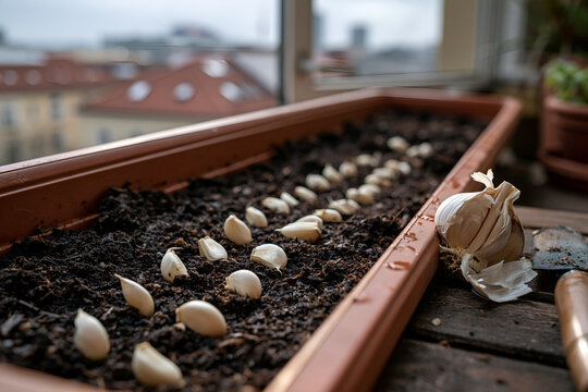 Garlic cloves set pointed end up in a row in a balcony trough