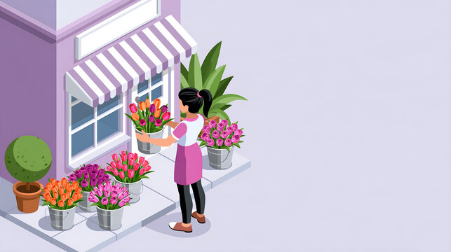 Isometric florist setting out buckets of flowers at opening time