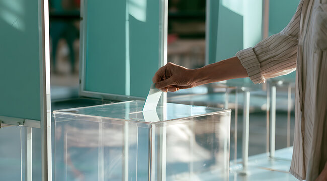 Person casts a vote into a transparent ballot box in the polling station. Voters use booths for a secret ballot. Citizens participate in the election process, making a civic choice for the government.