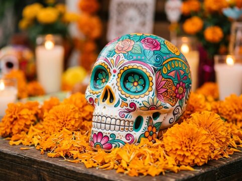 Decorated sugar skull placed on a rustic wooden table surrounded by vibrant marigold flowers and glowing candles for Day of the Dead celebration