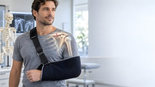 3D medical overlay illustration of man with clavicle collarbone fracture and shoulder sling