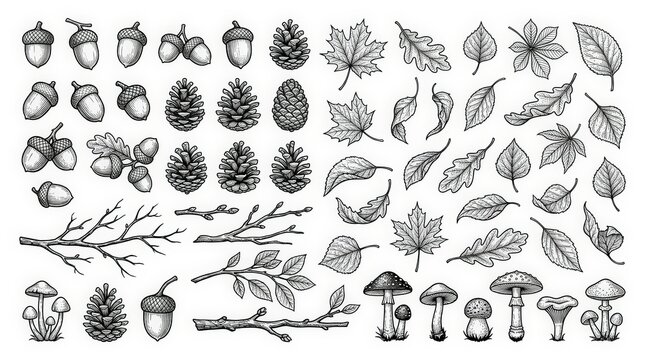Vintage autumn forest collection, hand drawn line art oak leaves and pine cones, engraved mushrooms and acorns set