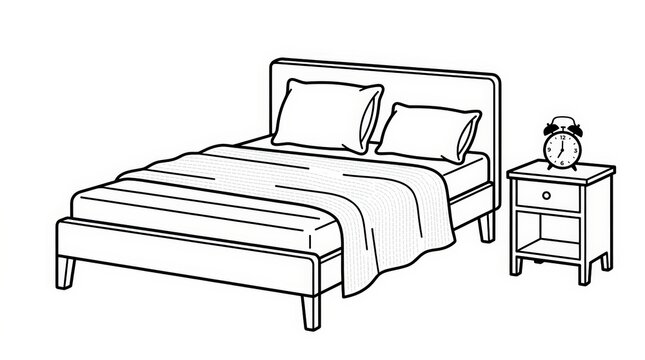 Minimalist double bed vector line art, modern bedroom furniture setup with bedside table and alarm clock, cozy home interior design element