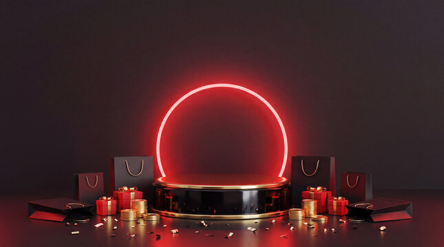 Black Friday retail display with glowing red circular light, shopping bags, gifts, coins, and dark reflective tabletop arrangement