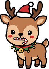 Fototapeta premium Cute Christmas Reindeer Cartoon Illustration with Santa Hat and Candy Cane on White Background