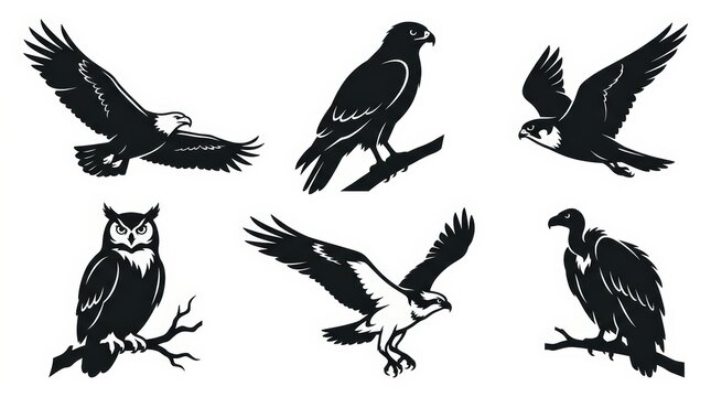 Vintage birds of prey silhouette collection, black eagle hawk owl vulture illustrations, raptor wildlife vector set for logo design