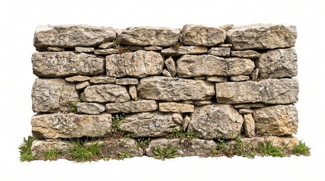 Rustic Stone Wall With Natural Grass Isolated on a Clean White Background