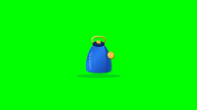 Cartoon blue party horn with golden bell on green screen background.