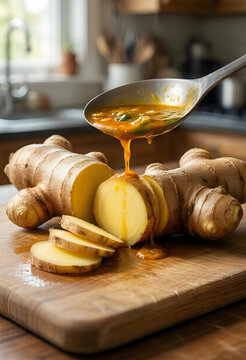 Healthy nutrition and immunity, fresh ginger root slices with warm herbal sauce for wellness and natural medicine in a home kitchen cooking environment