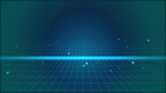 Neon Grid Background with Floating Particle Glow in Dark Blue Digital Space for Modern Tech Design