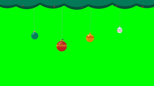 Green screen background with hanging colorful Christmas ornaments and festive decorations for holiday design