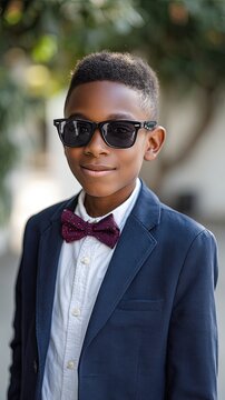 a realistic portrait photo of a 12-year-old boy wearing a dark navy blue blazer, white shirt, and a burgundy bow tie with a subtle pattern, standing in a soft outdoor setting, cold 