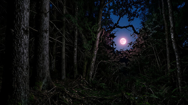 Mystical Moonlight Through Ancient Forest Trees.