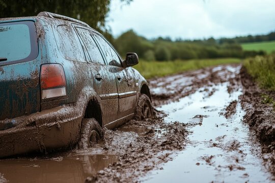 Dirty Passenger Car Stuck Deep in Muddy Off Road Dirt Track in Rural Countryside