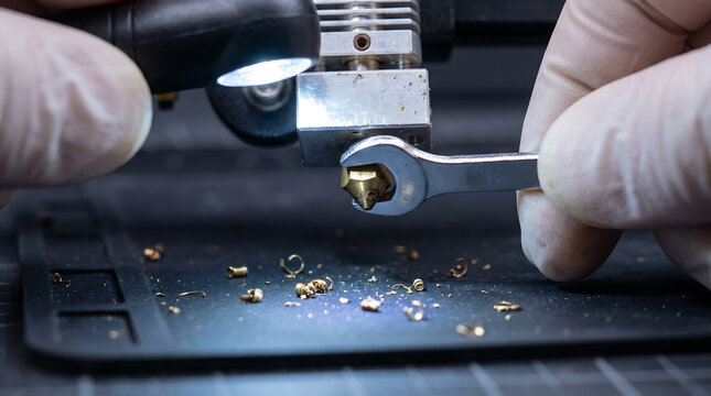 Gloved hands changing a brass nozzle on a 3D printer hotend with a wrench and flashlight while brass shavings lie on a black workshop mat for maintenance and upgrade
